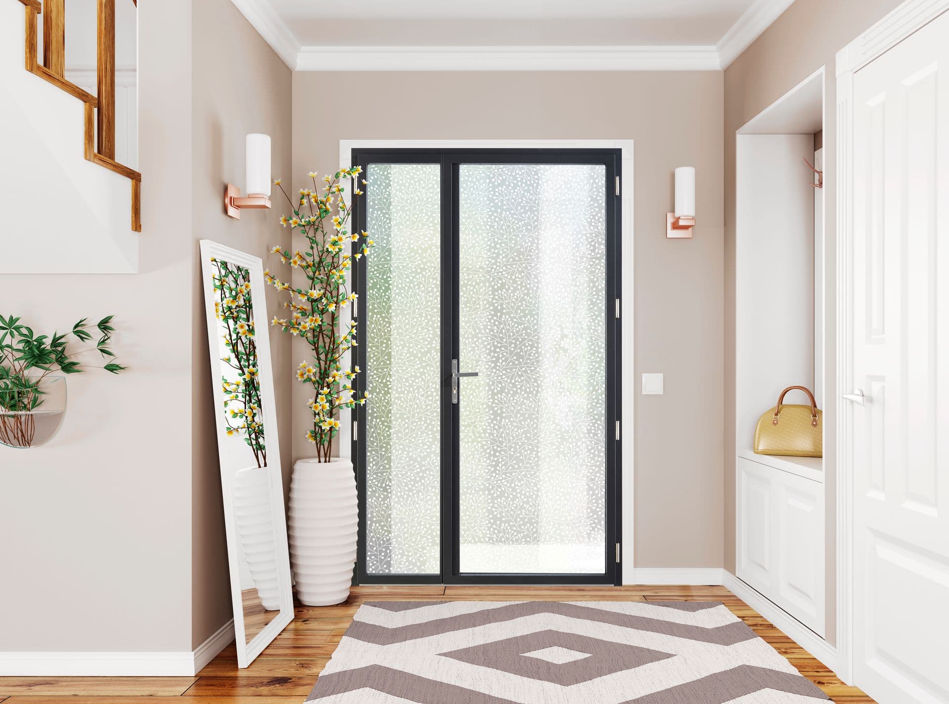 Porte d'entrée moderne avec végétation